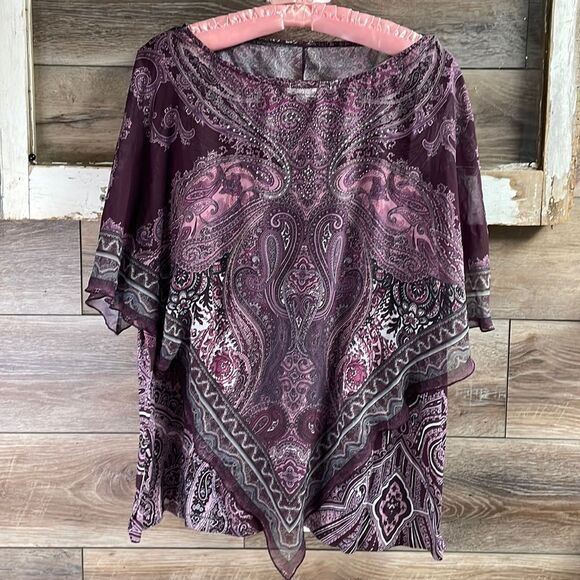 AVENUE Size 18/20 Blouse Burgundy Overlay Embellished Asymmetrical Hemline Plum - Picture 2 of 6